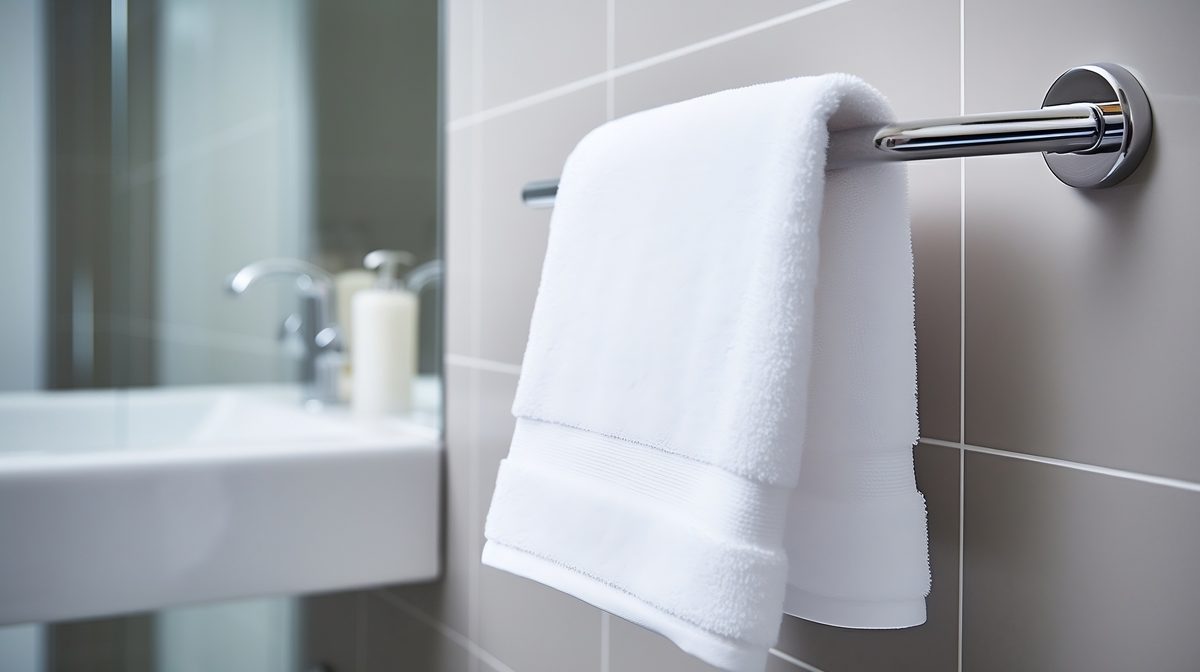 Clean sanitized bathroom with fresh towel - Good Taste Cleaning Services